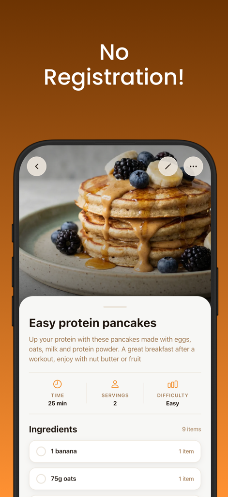 Recipes & Meal Plan - Receply - Captura de pantalla de la aplicación móvil de Receply mostrando una receta fácil de tortitas de proteínas con un titular que indica que no se requiere registro.
