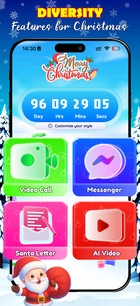 Main menu of the Santa Call Prank app featuring a Christmas countdown and call options