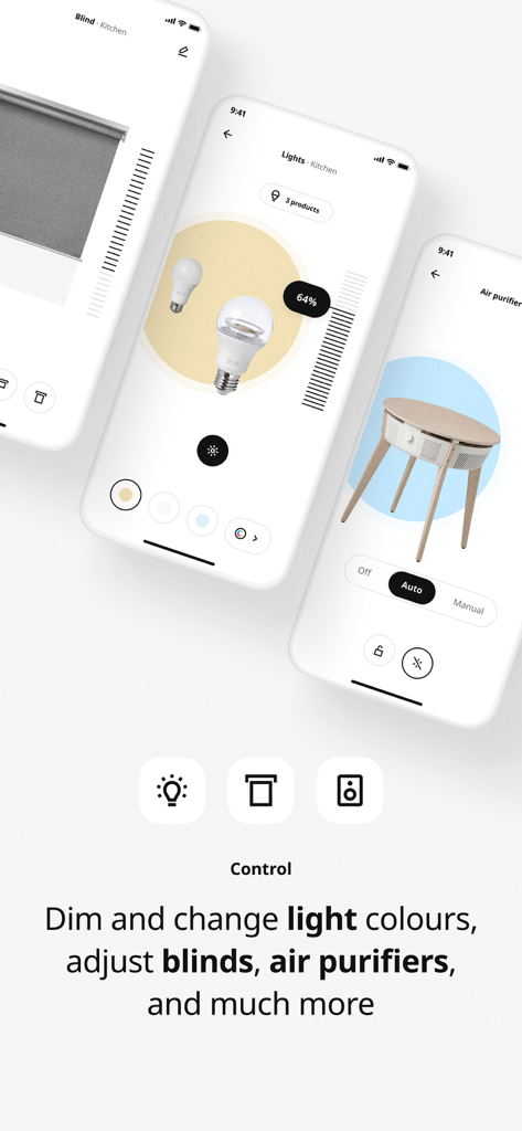 IKEA Home smart - 照明、ブラインド、空気清浄機のコントロールが表示されたIKEA Home smartアプリのインターフェイス