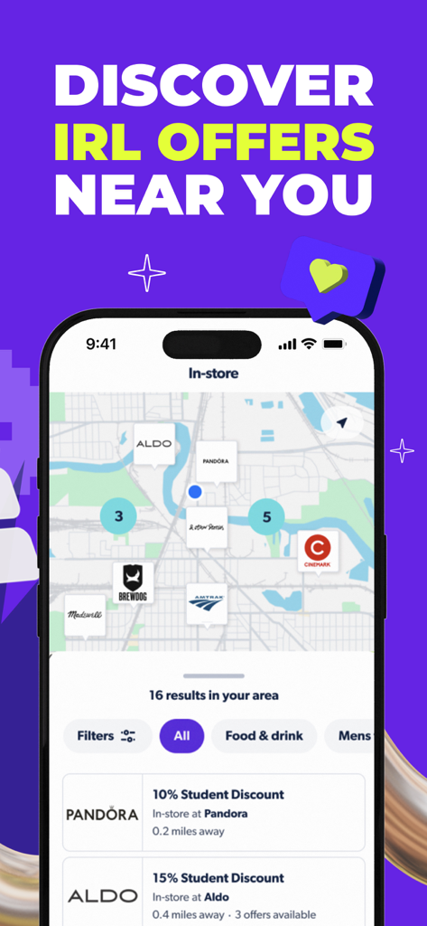 A map interface in the Student Beans app showing nearby in-store student discounts for brands like Aldo and Pandora.