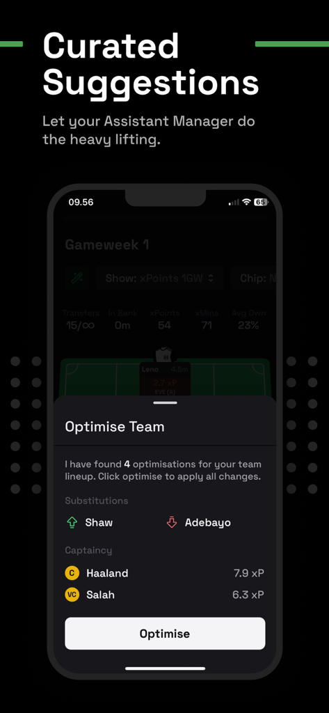Drafthound - FPL Manager - Drafthound app showing team optimization suggestions and player captaincy stats