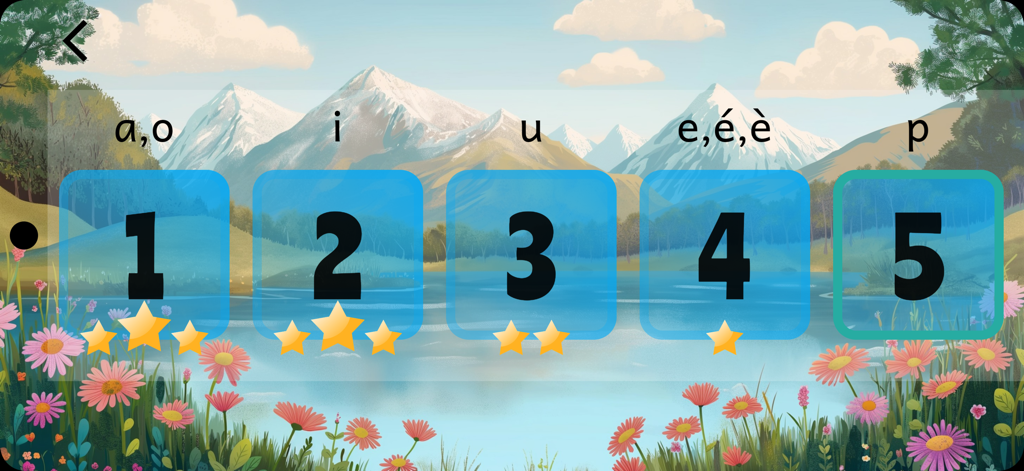 Écran de sélection des niveaux dans une application de lecture française montrant les étoiles de progression et un paysage de montagne.