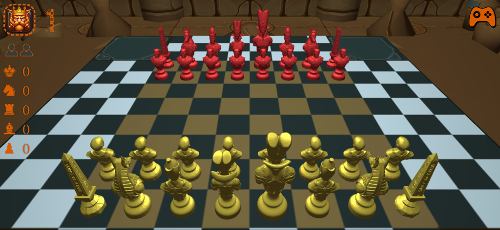 3D chess game with an Egyptian Pharaoh theme featuring gold and red pieces on a checkered board