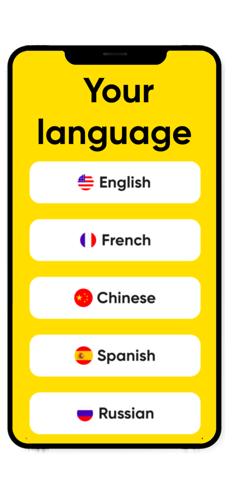 Countries and Capitals Quiz - Language selection screen in the Countries and Capitals Quiz app showing options for English, French, Chinese, Spanish, and Russian with flag icons.