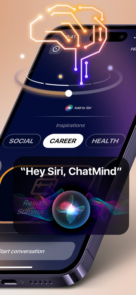 ChatMind - Instant AI Chat Bot - ChatMind AI chat bot interface featuring Siri voice command integration and productivity categories
