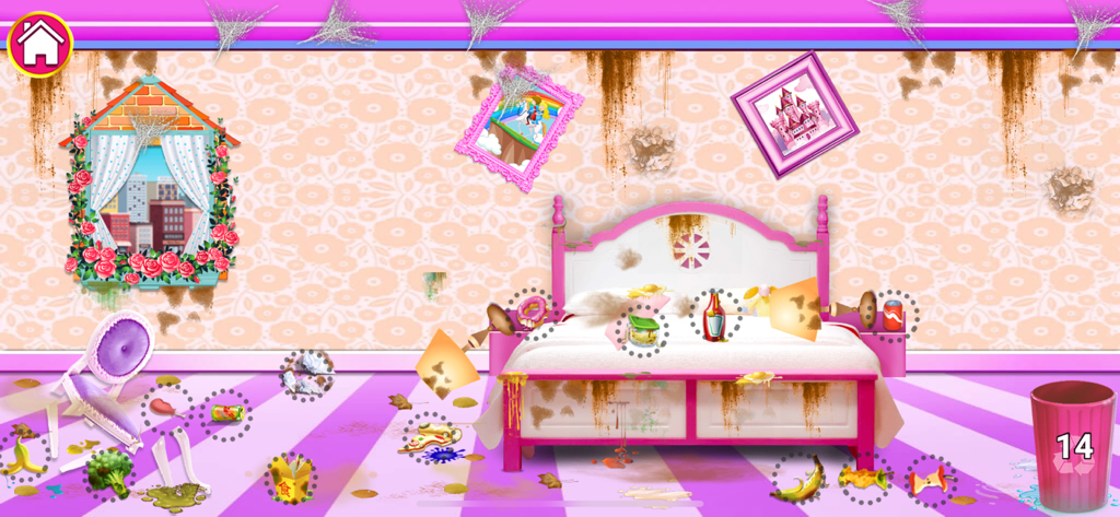 CleanUp City Clean House Game - A messy pink bedroom in the CleanUp City game with scattered trash and dirt stains to be cleaned.
