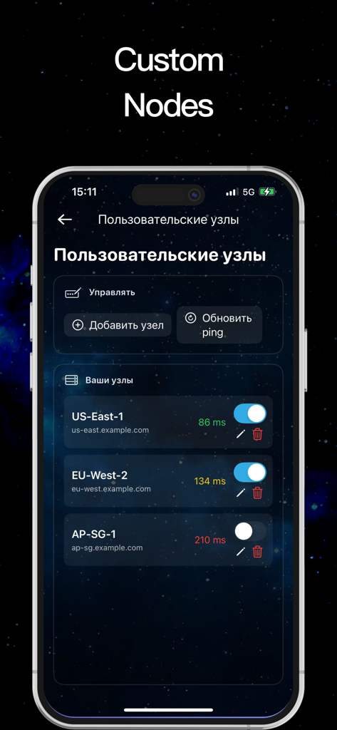 Now VPN - Fast Secure Proxy - Now VPNアプリのインターフェース、カスタムサーバーノードと、さまざまなグローバル地域のリアルタイムレイテンシメトリックが表示されています