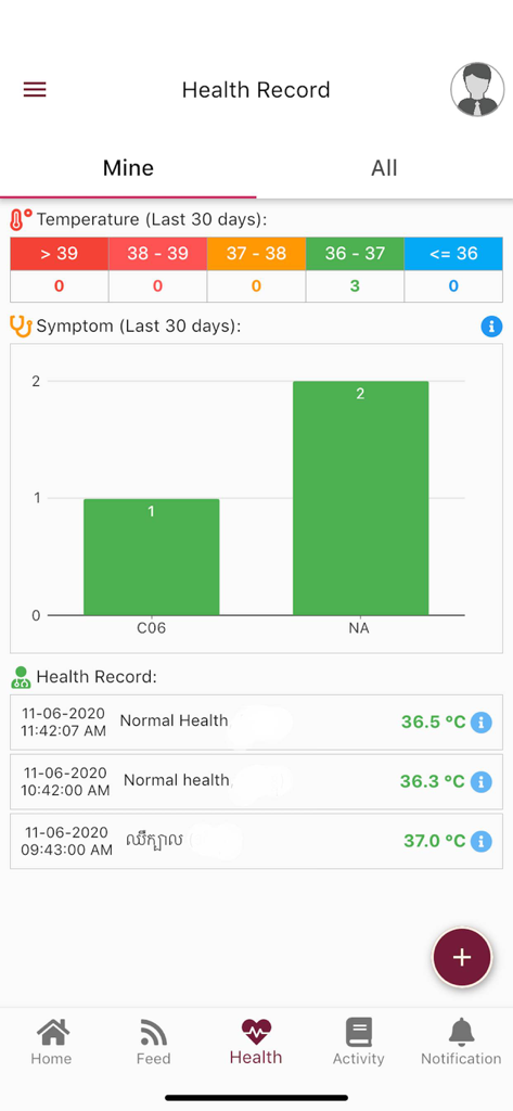 Wiki School Cambodia app interface displaying student health records and temperature history