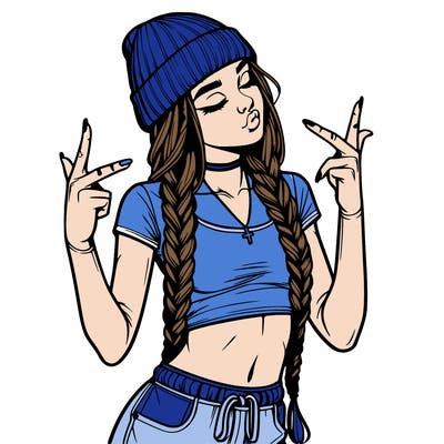 realistic teenage girl with braids and a beanie and crop top doing 🫶🏼