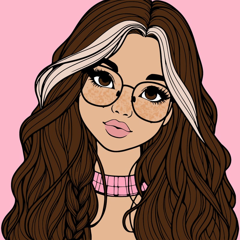 girl with long hair and freckles and glasses realistic