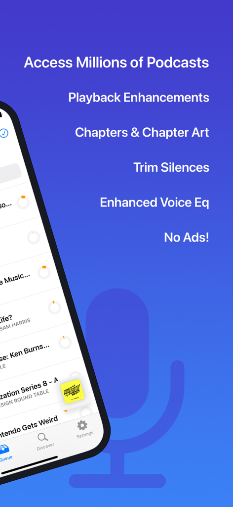 Podcatcher app interface highlighting features like playback enhancements, trim silences, and enhanced voice EQ on a blue background.