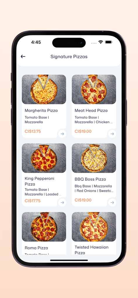 Fireaway Pizza Cayman - Fireaway Pizza Caymanモバイルアプリに、名前と価格が表示されたシグネチャーピザのメニューが表示されています