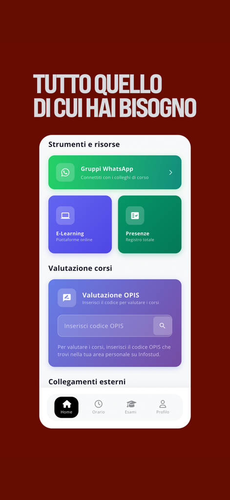 Studenti Roma - Interfaccia dell'app Studenti Roma che mostra strumenti per gruppi WhatsApp, e-learning e valutazioni dei corsi.