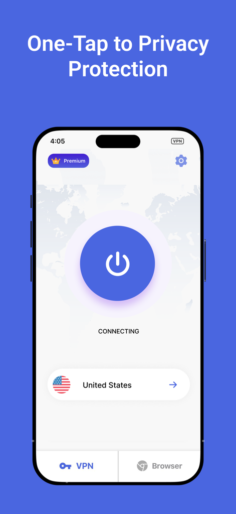 Super Unlimited Proxy VPN-Z app interface showing one-tap connection screen with United States server selected