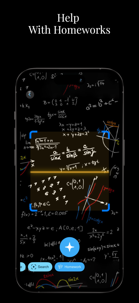 Identify Anything Lens.AI Scan - Une interface de smartphone montrant l'application Lens AI scannant des équations mathématiques complexes pour fournir une aide aux devoirs.