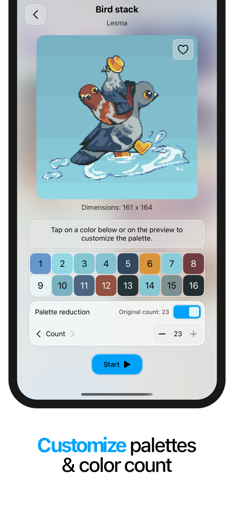 Interface of the Pixquare app showing color palette customization and palette reduction options for a pixel art illustration of birds.