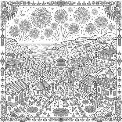 Immerse yourself in the vibrant festivities of Diwali set against a picturesque coastal valley backdrop. This unique coloring page combines stunning landscapes with traditional Diwali elements, perfect for celebrating the festival of lights.