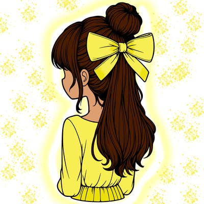 realistic girl  with hip length hair a bun and a big bow on the back of head