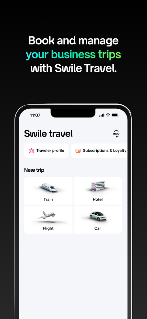 Swile app interface for booking and managing business trips with options for trains, hotels, flights, and rental cars