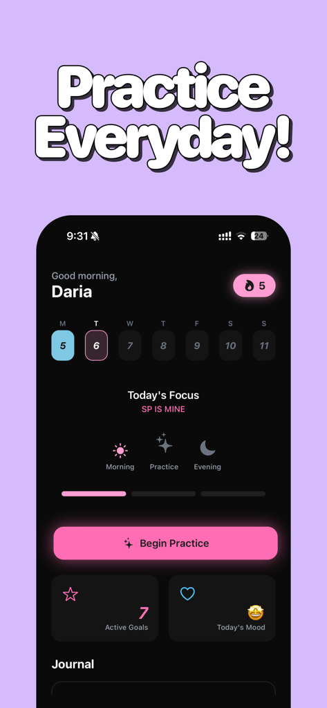 Manifested: Affirmations - Manifested app dashboard displaying a five day streak and daily manifestation practice options