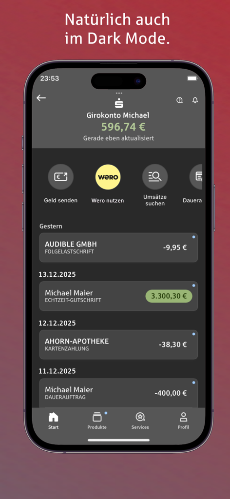 Sparkasse mobile banking app interface showing account balance and transaction history in dark mode
