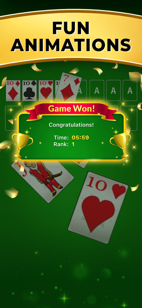FreeCell Classicソリティアゲームの勝利画面。お祝いのアニメーションと金色のトロフィーが表示されています。