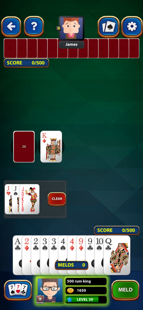 Rummy 500 Classic Card Game - Gameplay screen of Rummy 500 Classic card game showing player hand and melds on a green background