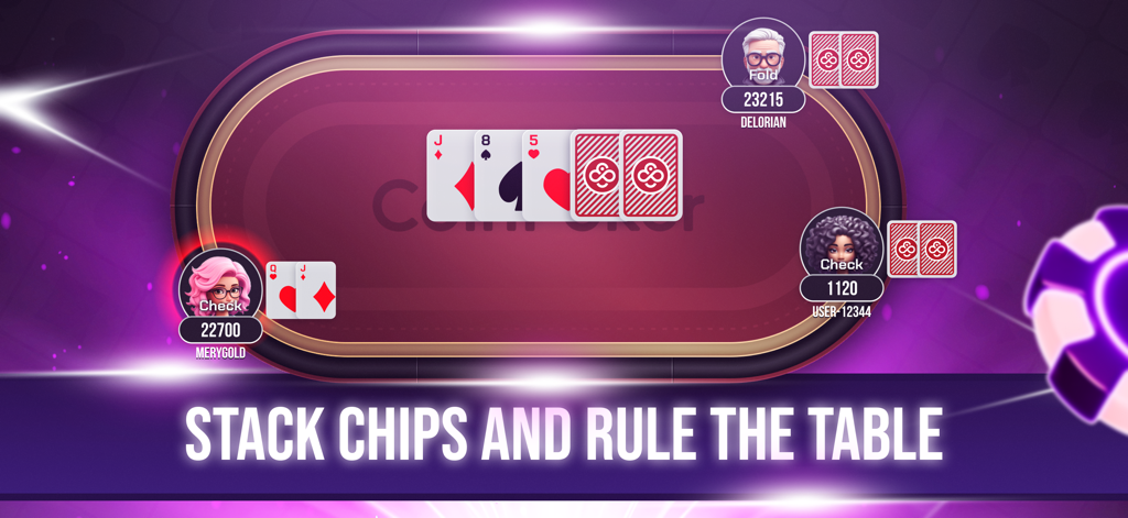 Poker Game: Texas Hold'em - ポーカーゲームテキサスホールデムのゲームプレイ画面、紫色の仮想テーブルにプレイヤーが表示されており、「stack chips and rule the table」というキャプションが表示されています