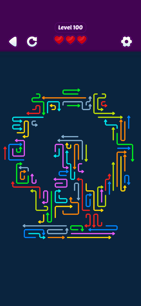 Tap Shift: Arrow Escape Puzzle - Level 100 of Tap Shift Arrow Escape Puzzle showing a complex pattern of colorful winding arrows on a dark background.