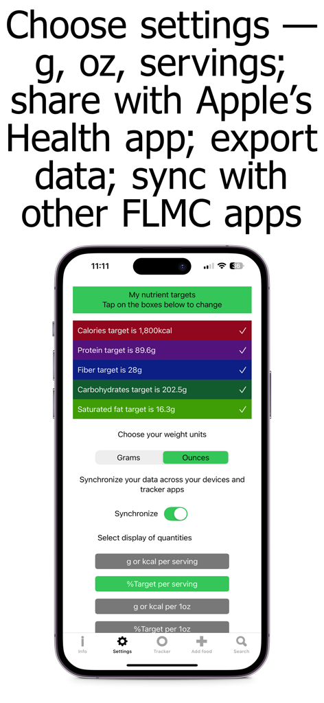 Macro Counter and Tracker - Pantalla de configuración de la aplicación Macro Counter and Tracker que muestra los objetivos de nutrientes para calorías, proteínas y fibra con selección de unidades de peso.