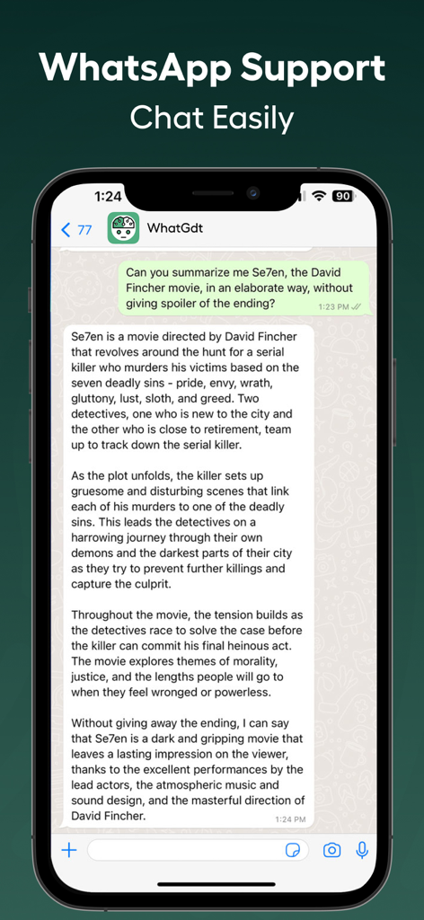 WhatGdt: Ai WA Chat Assistant - El asistente IA de WhatGdt proporcionando un resumen detallado de una película dentro de un chat de WhatsApp