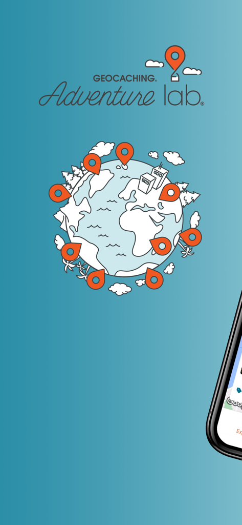 Adventure Lab® - Logotipo do Geocaching Adventure Lab com um globo ilustrado e marcadores de localização em um fundo azul