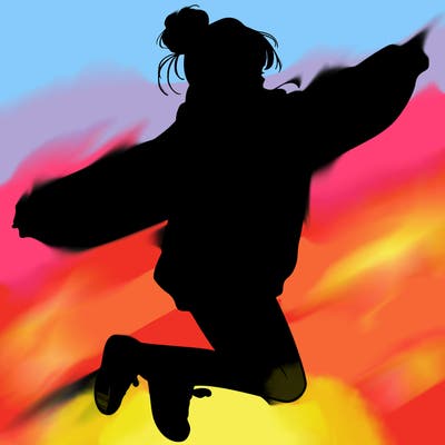 realistic girl jumping with a bun and oversized sweatshirt