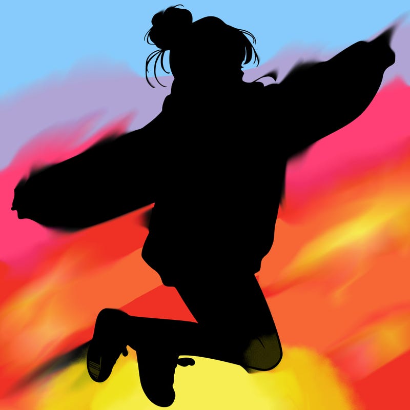 realistic girl jumping with a bun and oversized sweatshirt