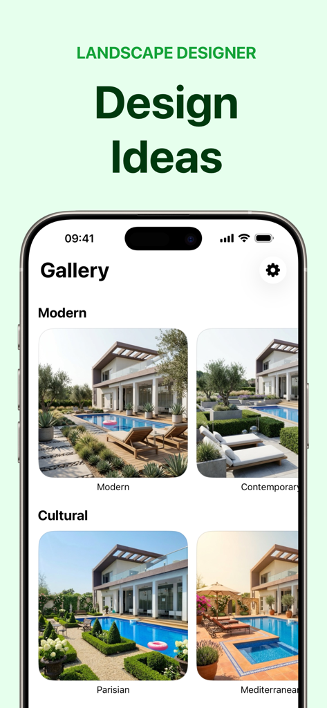 A mobile screen showing a gallery of landscape design ideas in different styles like modern and cultural for backyards with pools