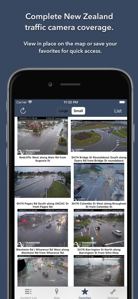 Screenshot of the NZ Roads Traffic and Cameras app showing a grid of live road camera feeds in New Zealand