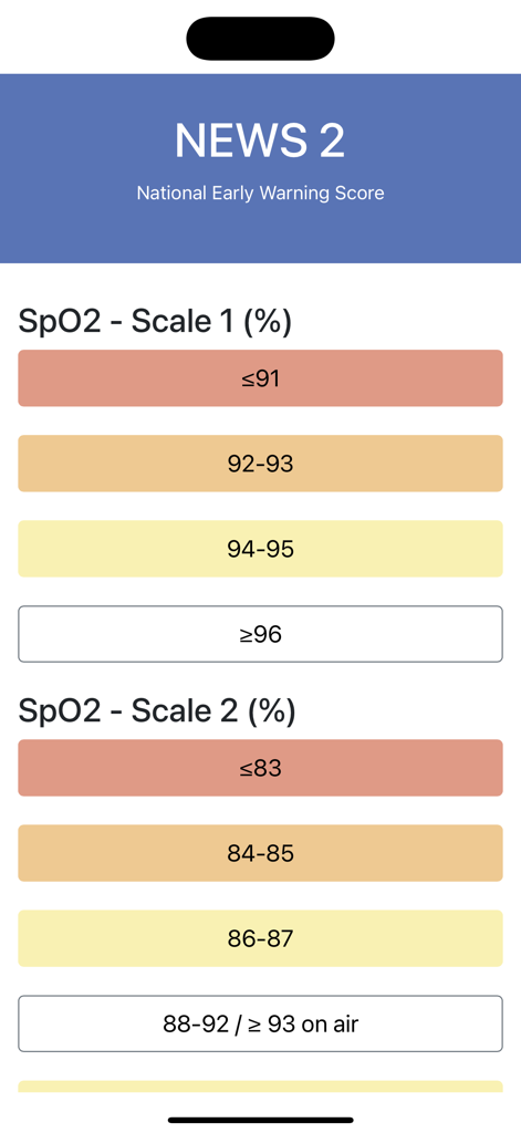 NEWS2 - Calculator - Interfaccia della calcolatrice NEWS2 che mostra le opzioni di immissione della scala SpO2.