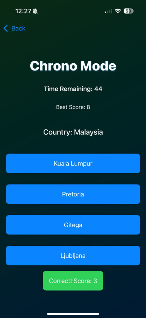 LocalOne GeoQuiz - LocalOne GeoQuiz Chrono Mode gameplay screen showing a trivia question about the capital of Malaysia