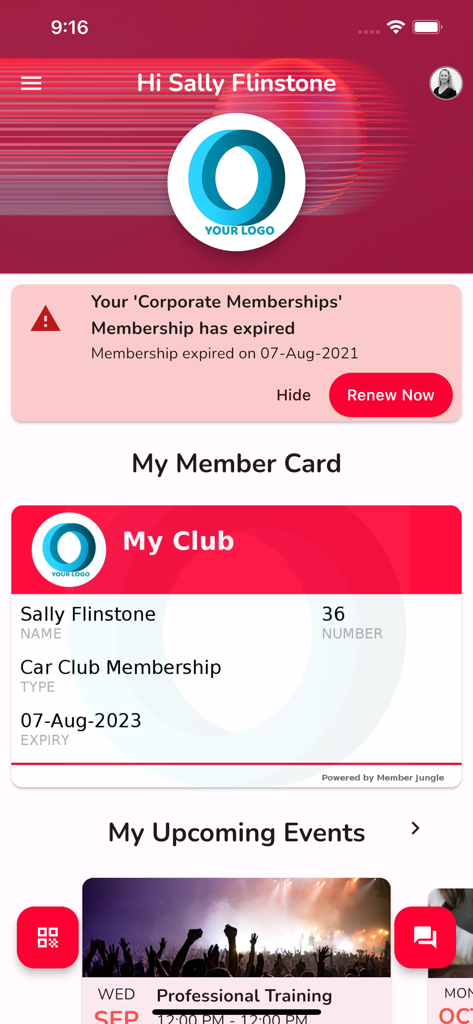 Member Jungle - Member Jungle app dashboard showing a digital member card and membership renewal notification