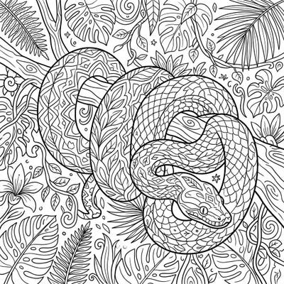 Dive into the lush heart of the jungle with this captivating coloring page featuring a majestic constrictor snake. Its intricately patterned scales and surrounding dense foliage offer hours of meditative and creative coloring fun.