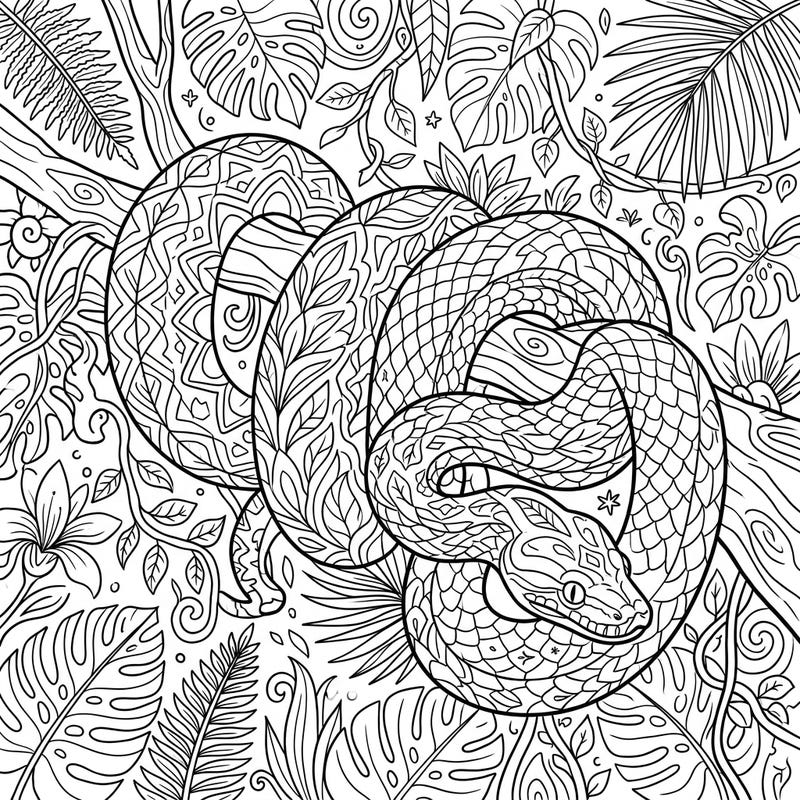 Dive into the lush heart of the jungle with this captivating coloring page featuring a majestic constrictor snake. Its intricately patterned scales and surrounding dense foliage offer hours of meditative and creative coloring fun.