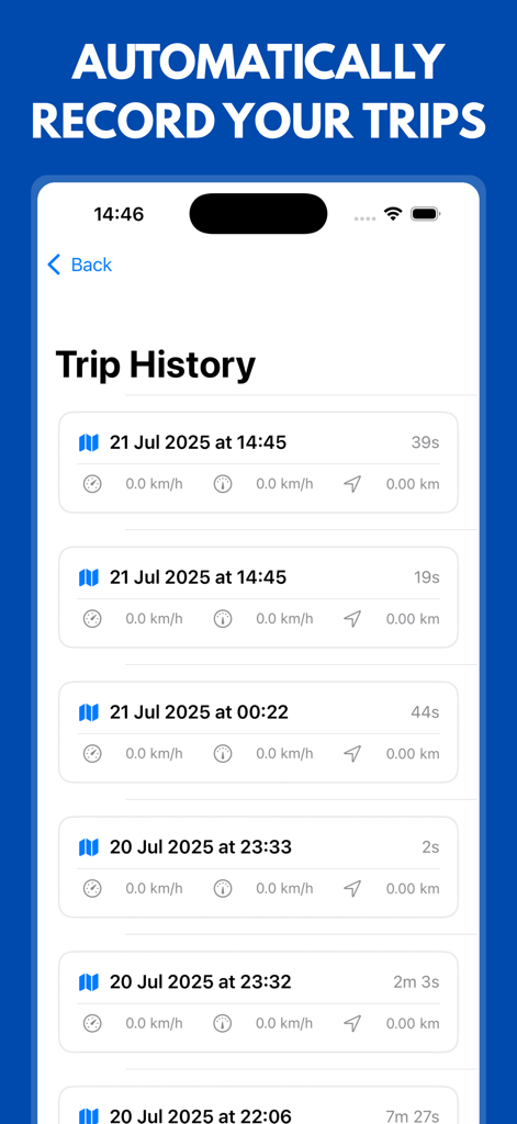 Speedometer: Speed GPS Tracker - Trip history and mileage logs display within the Speedometer app interface.