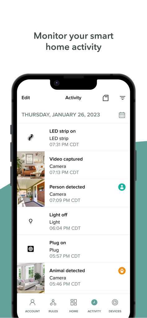 Merkury Smart app screen showing a timeline of home activity like motion detection and light status