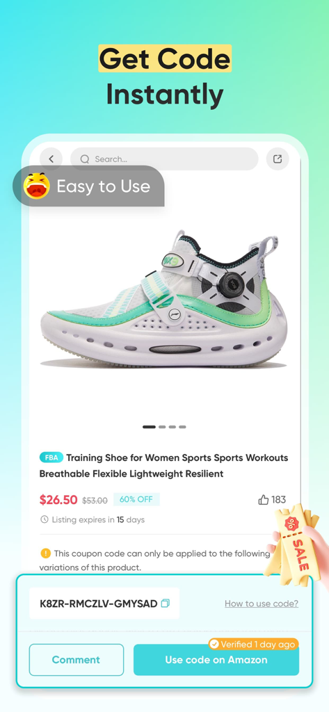 Vipon - Deals & Coupons - Interface of the Vipon app showing a women training shoe at sixty percent discount with an instant coupon code for Amazon.