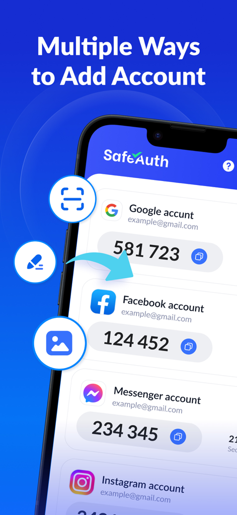 Authenticator App - SafeAuth - Interface of SafeAuth authenticator app displaying various options to add new 2FA accounts