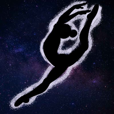 gymnast doing a leap in a leotard with a bent back leg