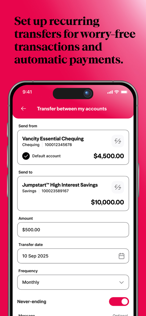 Interface of the Vancity mobile app for setting up recurring transfers and automatic payments between accounts.