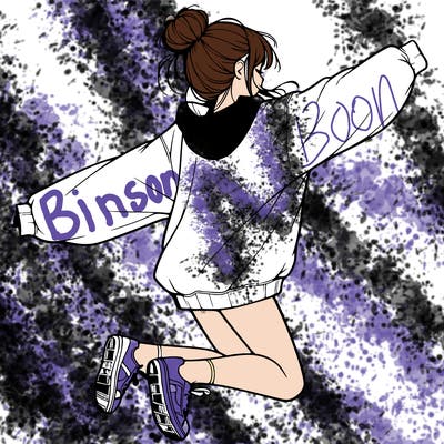 realistic girl jumping with a bun and oversized sweatshirt