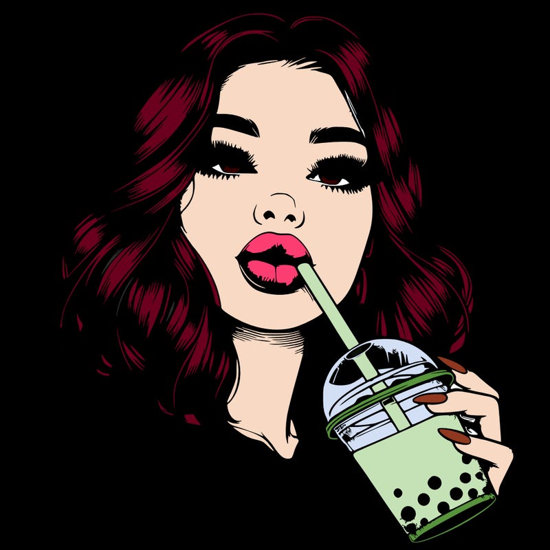 realistic girl with glossy lips holding boba