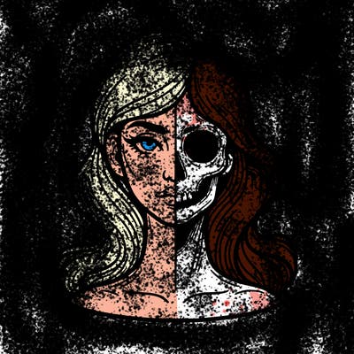 bust of a woman, half face and hair, half skull